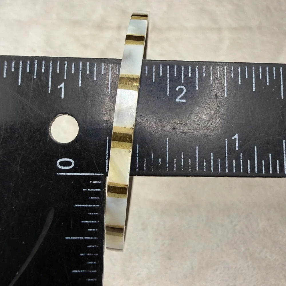 Vintage Brass Bangle Bracelet Gold White Mother of Pearl Inlay 8.5 Inch